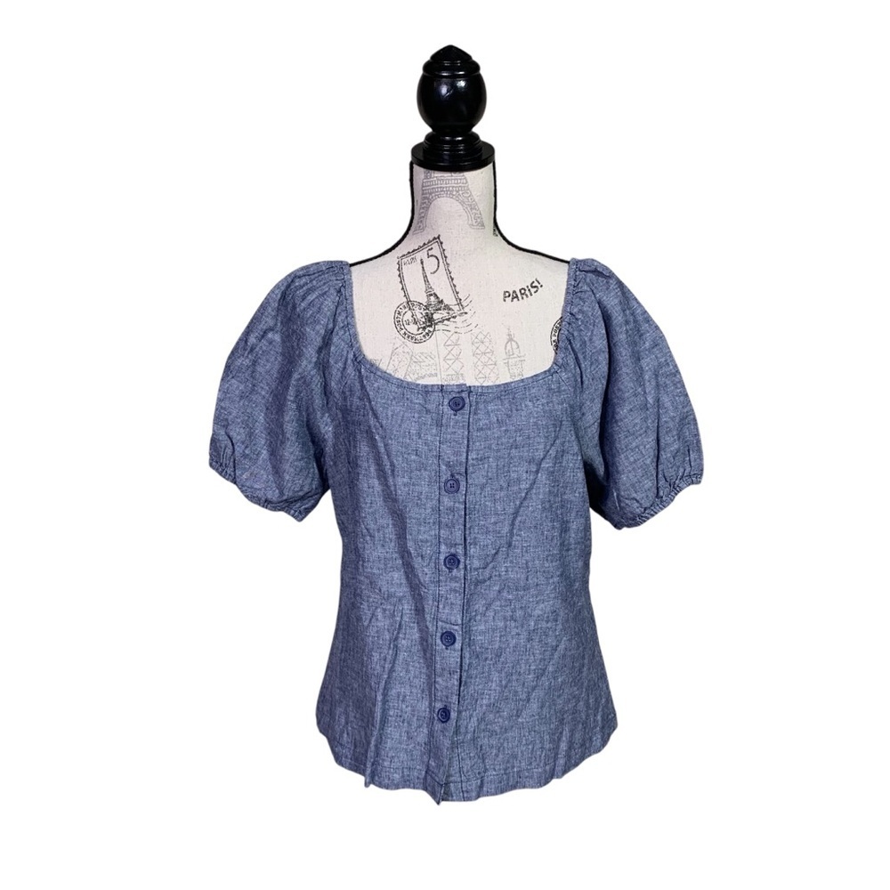 Joe Fresh Blue Puff Sleeve Blouse with Buttoned‎ Design